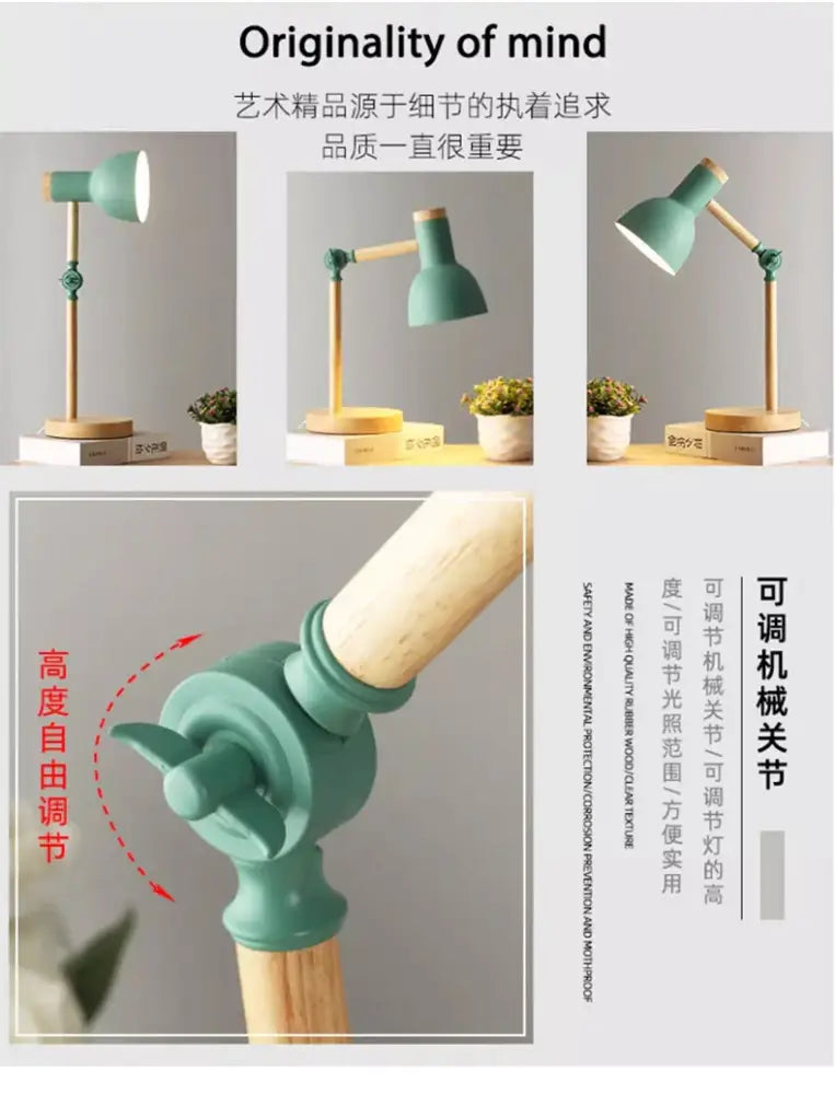 DecorBites™ Creative Nordic Table Lamp Wooden Art LED Turn Head Simple Bedside Desk Light/Eye Protection Reading&Bedroom Study Lamp
