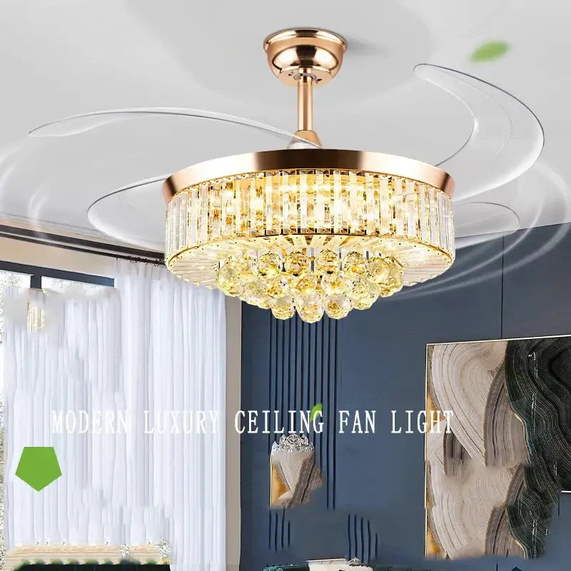 Modern rose gold crystal ceiling fan light – living room chandelier