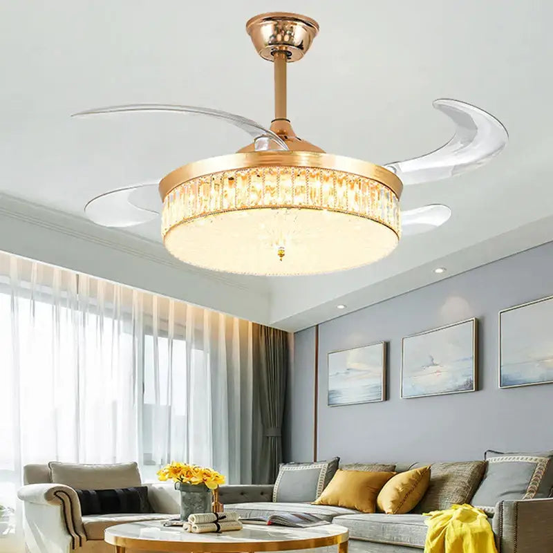Modern gold crystal ceiling fan with led light living room