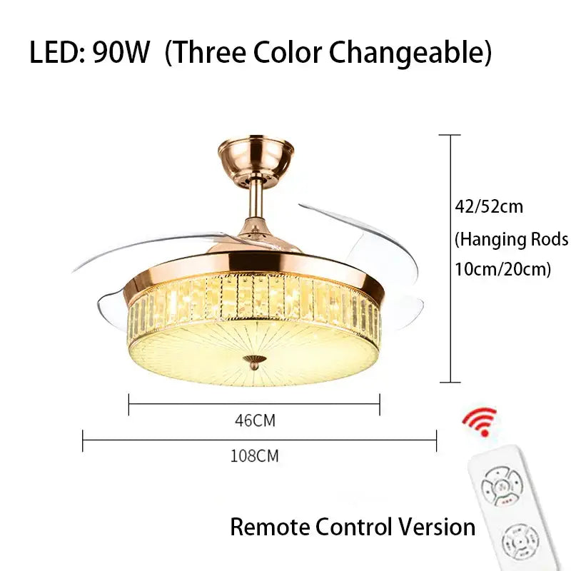Modern gold crystal ceiling fan with led light living room