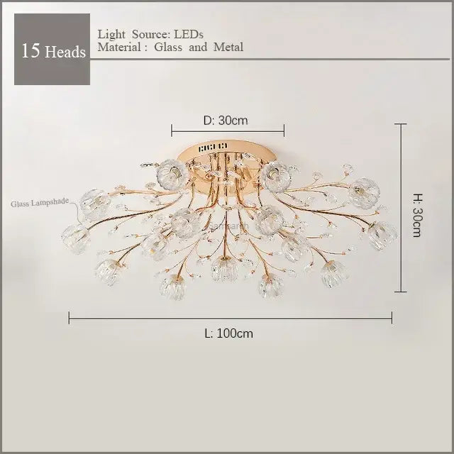 Modern gold crystal ceiling light living room branch fixture