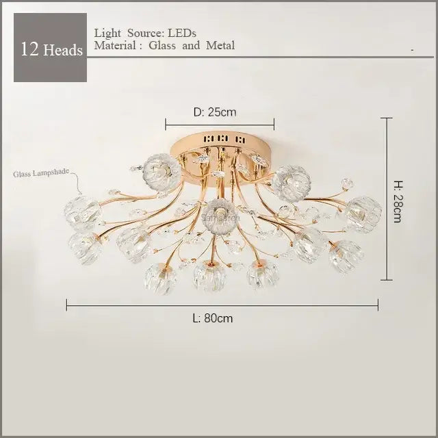 Modern gold crystal ceiling light living room branch fixture