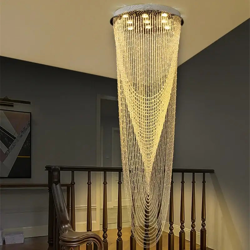 Elegant cascading crystal ceiling light for stairs and living room