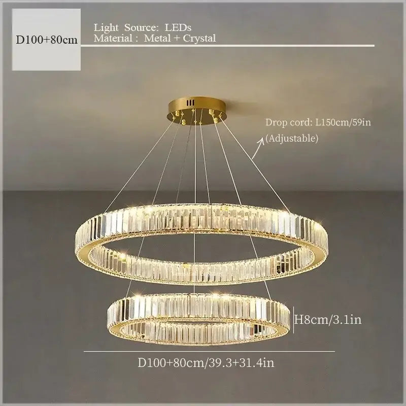 Luxury gold double ring crystal ceiling pendant chandelier dining room