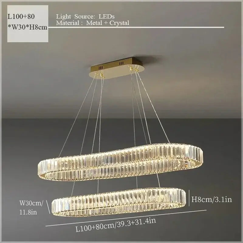 Luxury gold double ring crystal ceiling pendant chandelier dining room