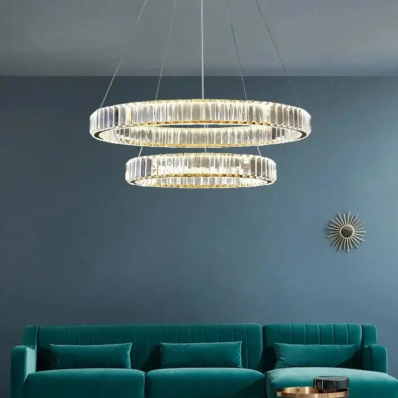 Luxury gold double ring crystal ceiling pendant chandelier dining room