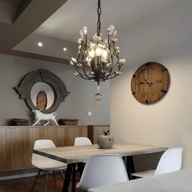 Rustic black crystal chain pendant chandelier for dining room