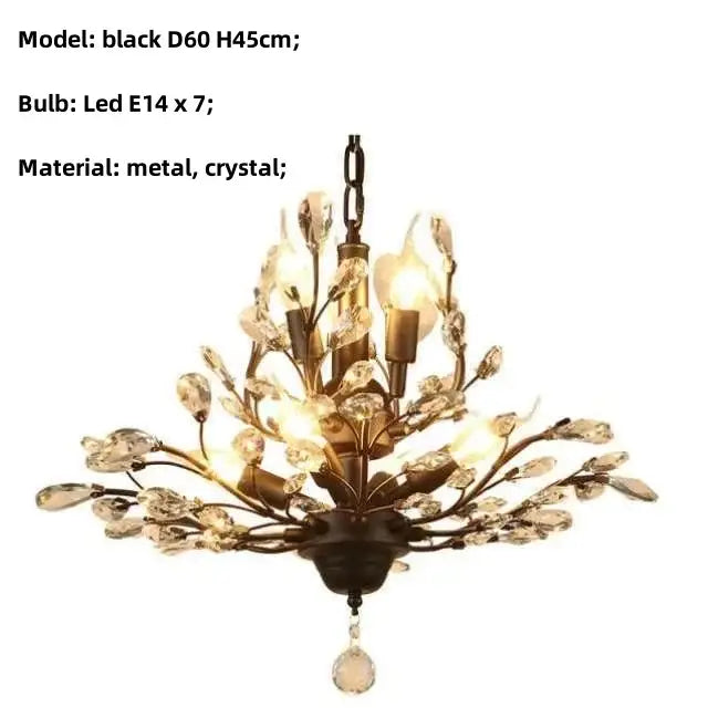 Rustic black crystal chain pendant chandelier for dining room