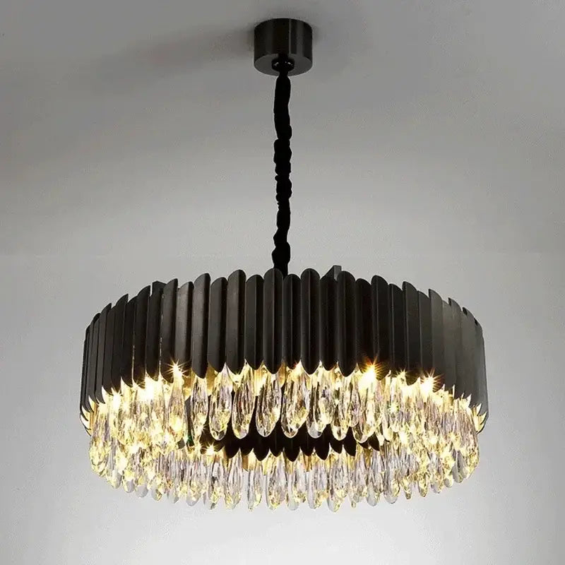 DecorBites™ Crystal Chandelier: Black Gold Round LED Pendant Light for Living Room or Bedroom