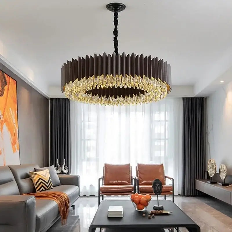 DecorBites™ Crystal Chandelier: Black Gold Round LED Pendant Light for Living Room or Bedroom