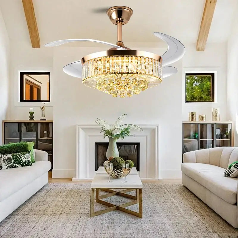 Brass crystal chandelier ceiling fan bedroom dimmable led lighting