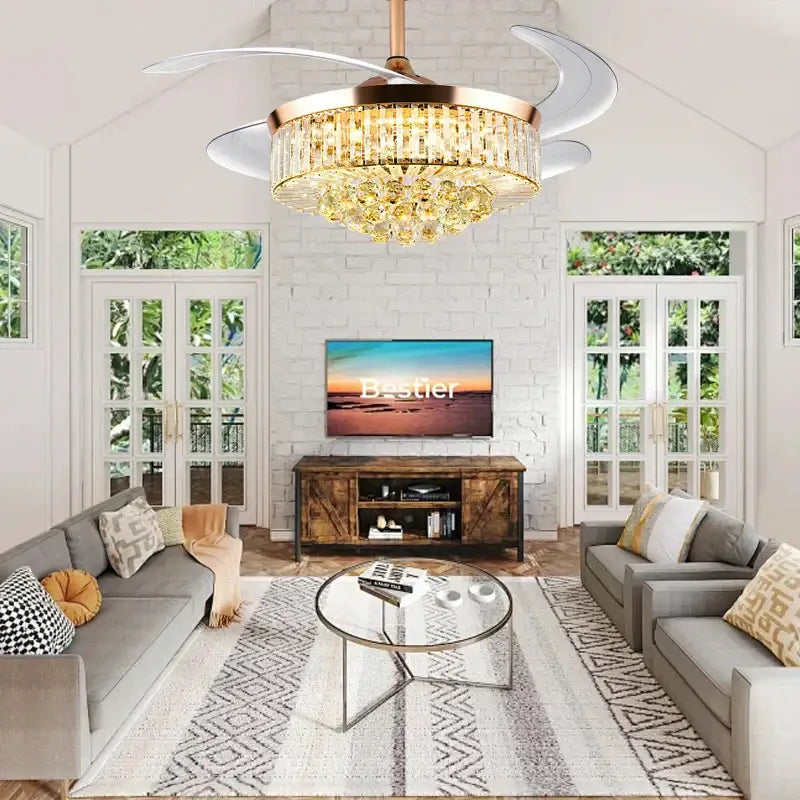 Brass crystal chandelier ceiling fan bedroom dimmable led lighting