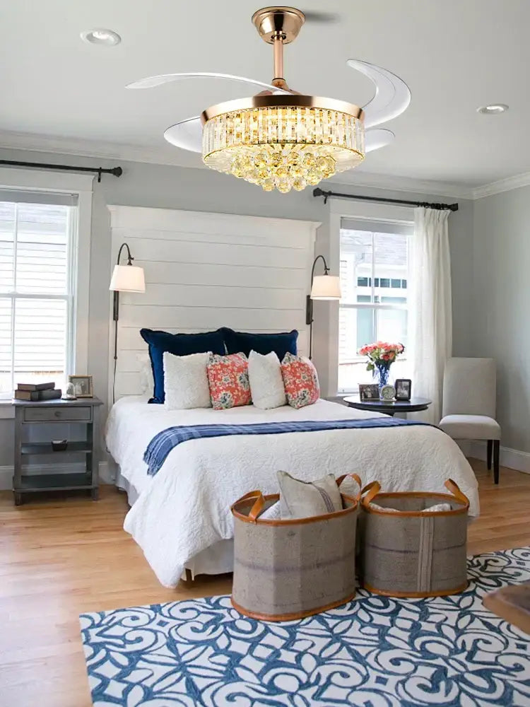 Brass crystal chandelier ceiling fan bedroom dimmable led lighting