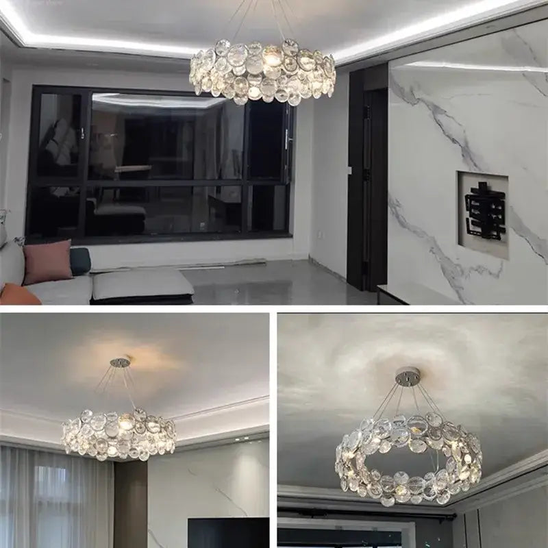 Modern chrome crystal pendant light fixture living room double ring