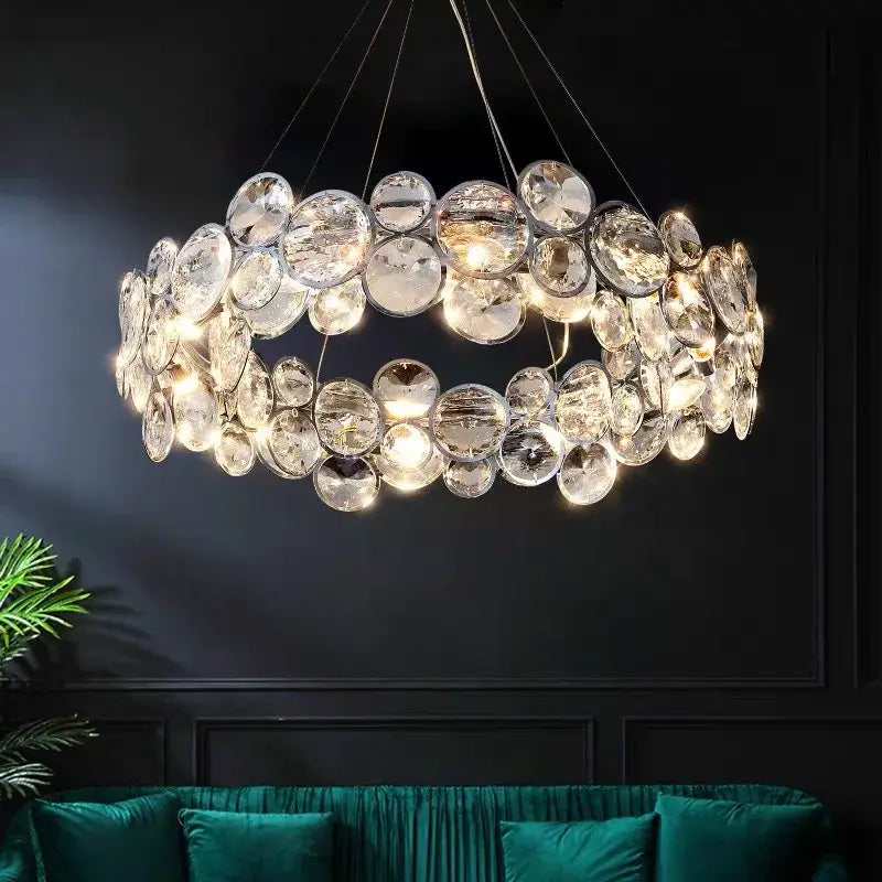 Modern chrome crystal pendant light fixture living room double ring