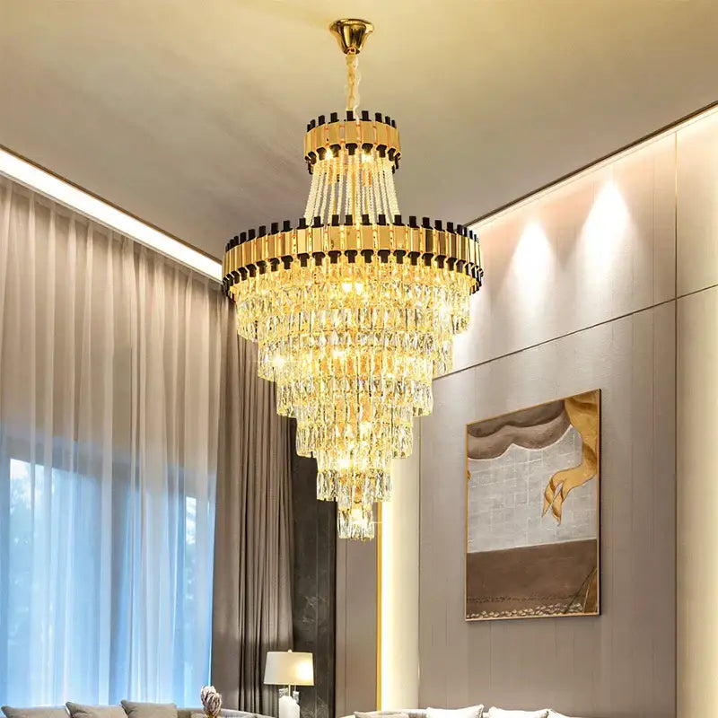 Modern gold and black crystal chandelier dining room cascading tiers