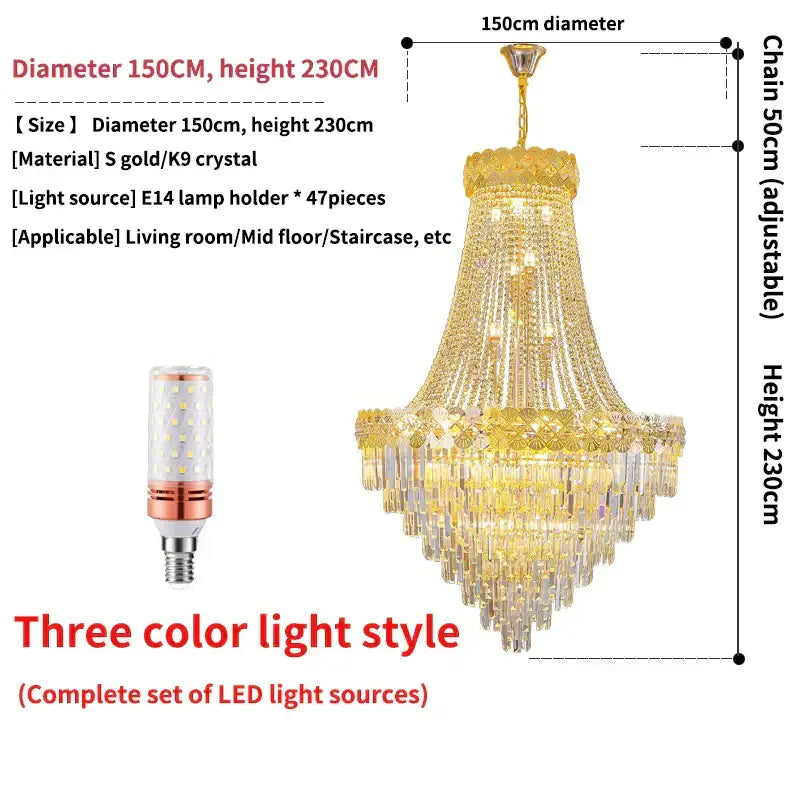 Golden tiered crystal chandelier for villa living room