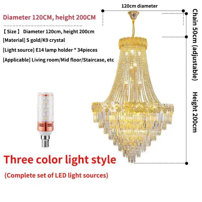 Golden tiered crystal chandelier for villa living room