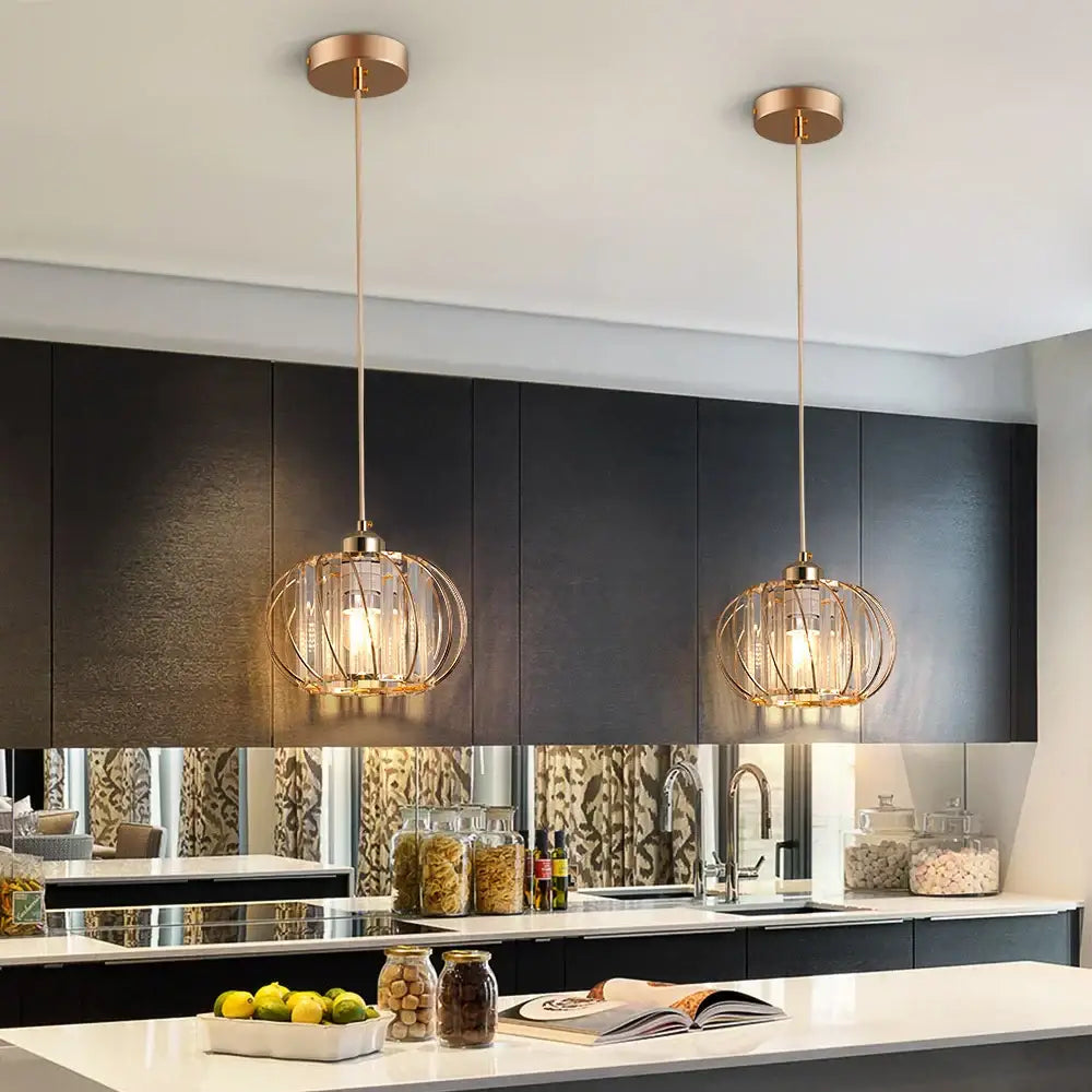 Modern gold crystal cage pendant light fixture for dining room