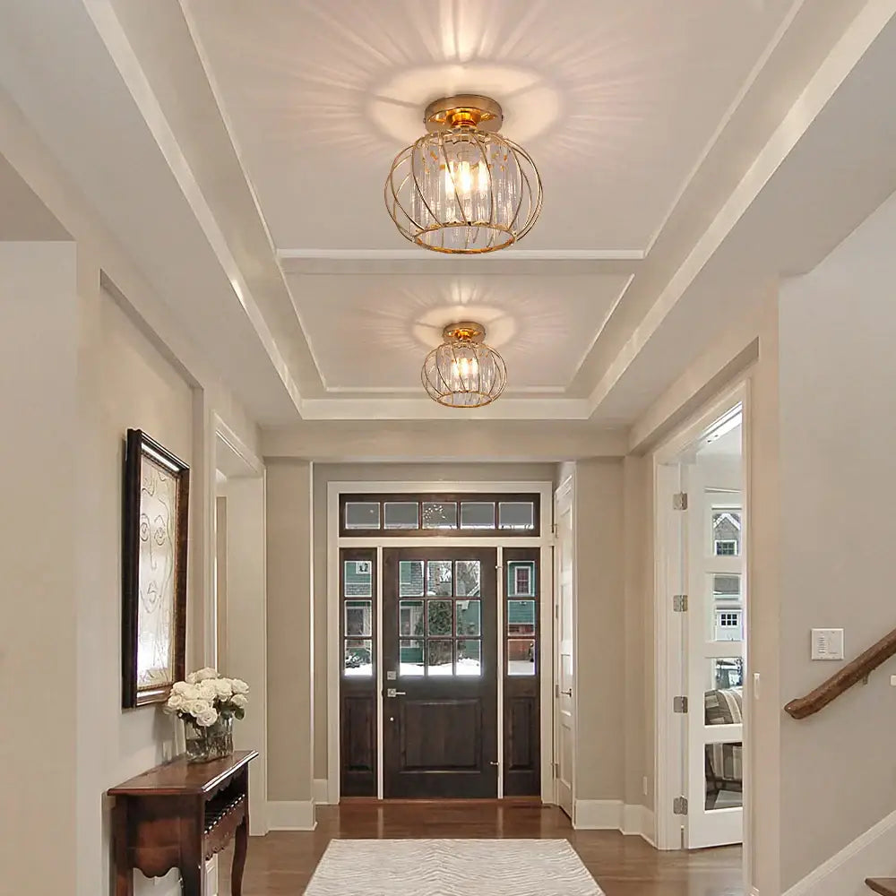 Modern gold crystal cage pendant light fixture for dining room