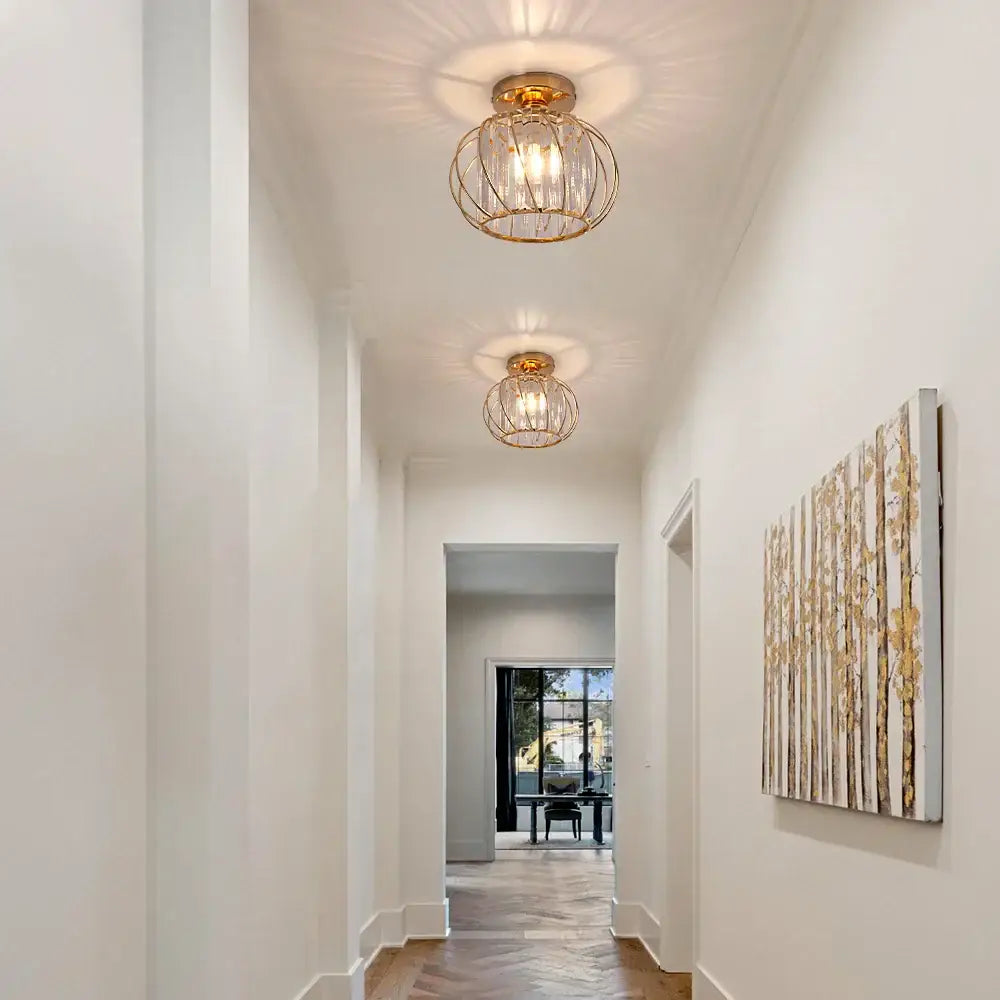 Modern gold crystal cage pendant light fixture for dining room