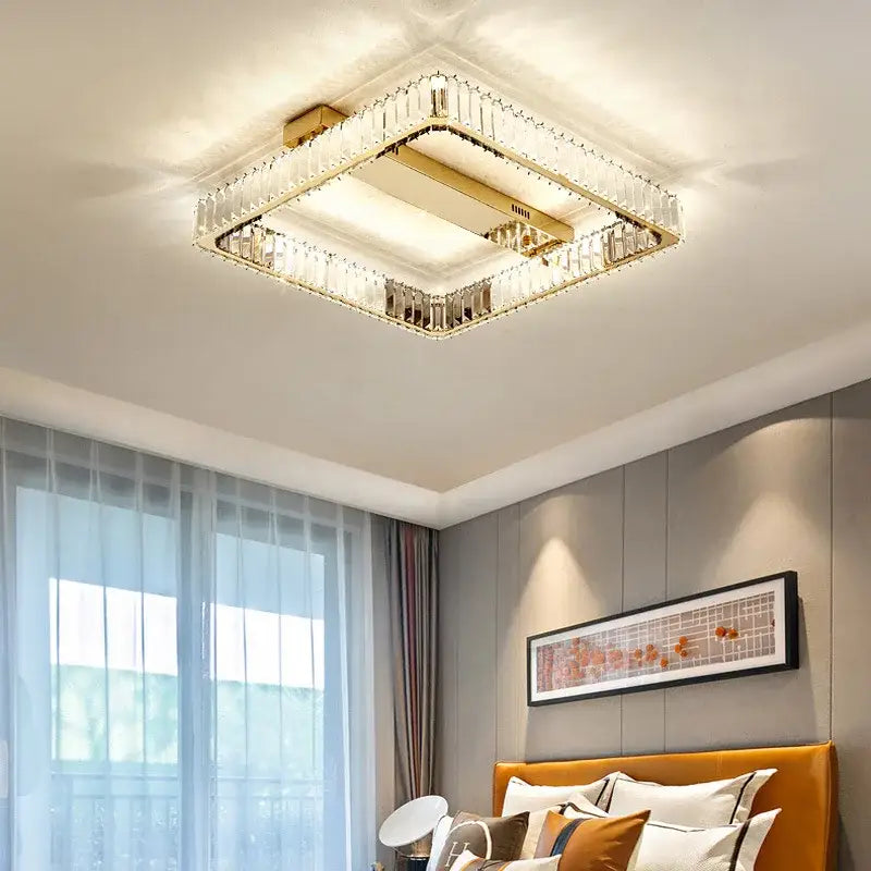 Luxury gold rectangular crystal chandelier led ceiling light bedroom