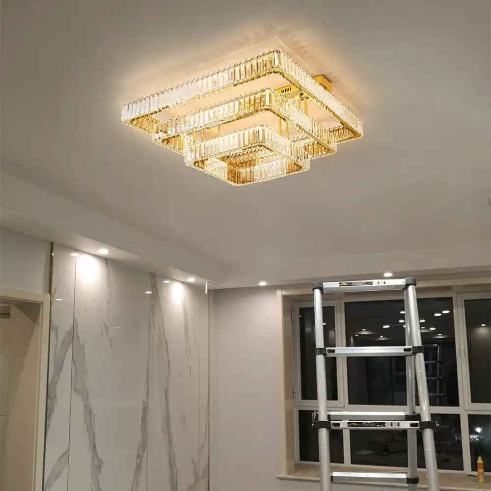 Luxury gold rectangular crystal chandelier led ceiling light bedroom