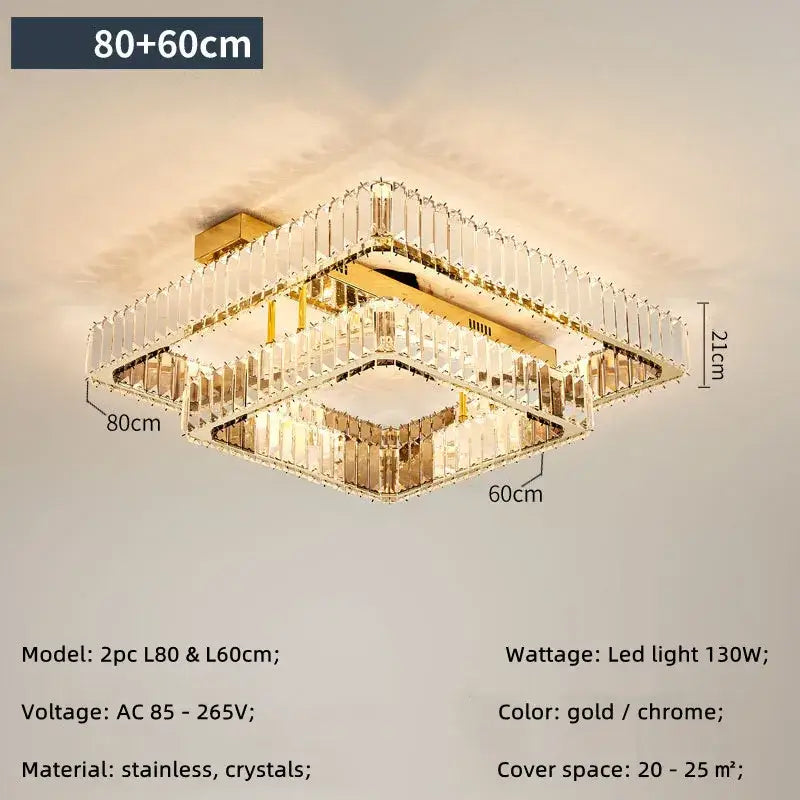 Luxury gold rectangular crystal chandelier led ceiling light bedroom