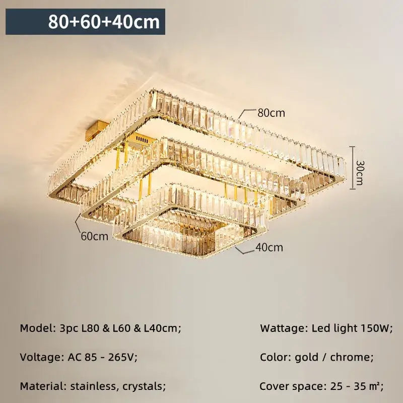 Luxury gold rectangular crystal chandelier led ceiling light bedroom