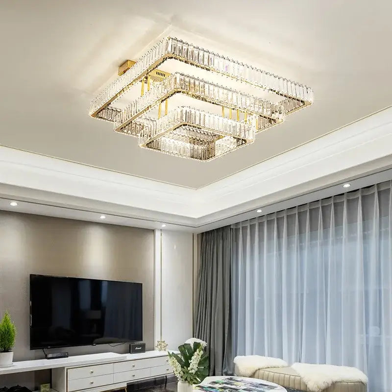 Luxury gold rectangular crystal chandelier led ceiling light bedroom