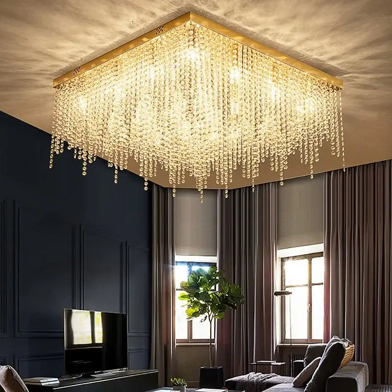DecorBites™ Crystal Chandelier: Luxury Gold Square Ceiling Light for Living Room, Bedroom LED Fixture