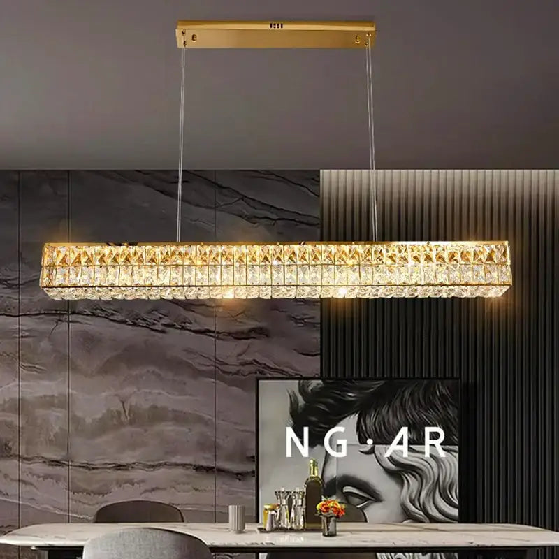 Modern gold rectangular crystal chandelier pendant light dining room