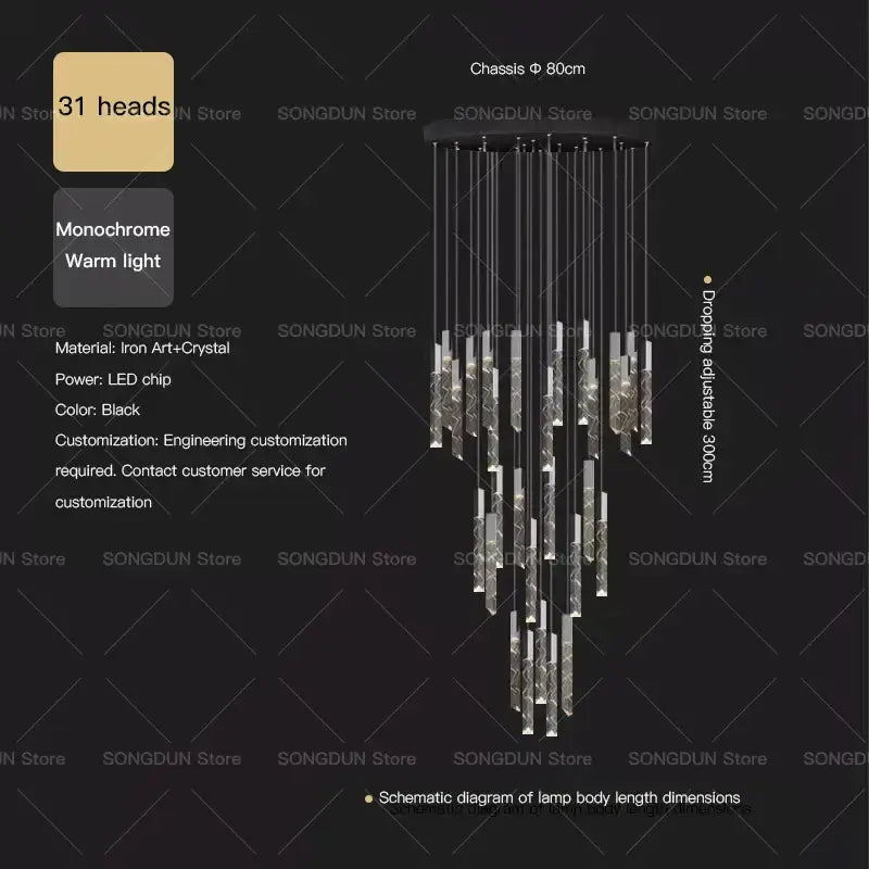 DecorBites™ Crystal Loft Chandelier for Duplex Living Room & Stairwell, Long Hanging Lighting