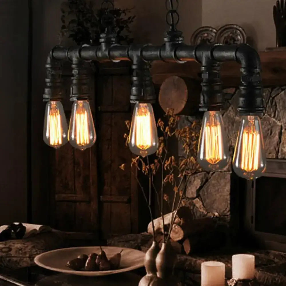 DecorBites™ Cyberpunk Black Iron Plumbing Pipe Hanging Lamp - 5-Light Pendant for Dining Room Island