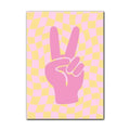 DecorBites danish pastel flower canvas wall art featuring a pink peace sign hand on a pastel yellow and pink checkered background