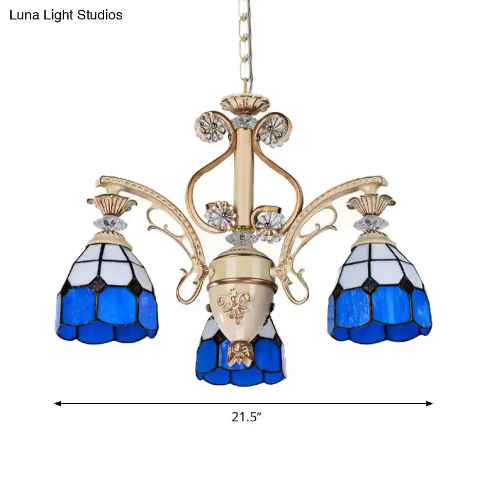 DecorBites™ dazzling baroque chandelier light fixture with blue and white stained glass and gold-toned metal arms