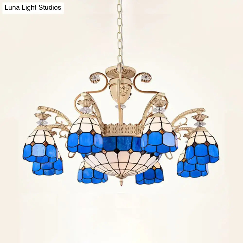 Decorbites dazzling baroque chandelier light fixture with blue and white stained glass and gold metal arms with crystals