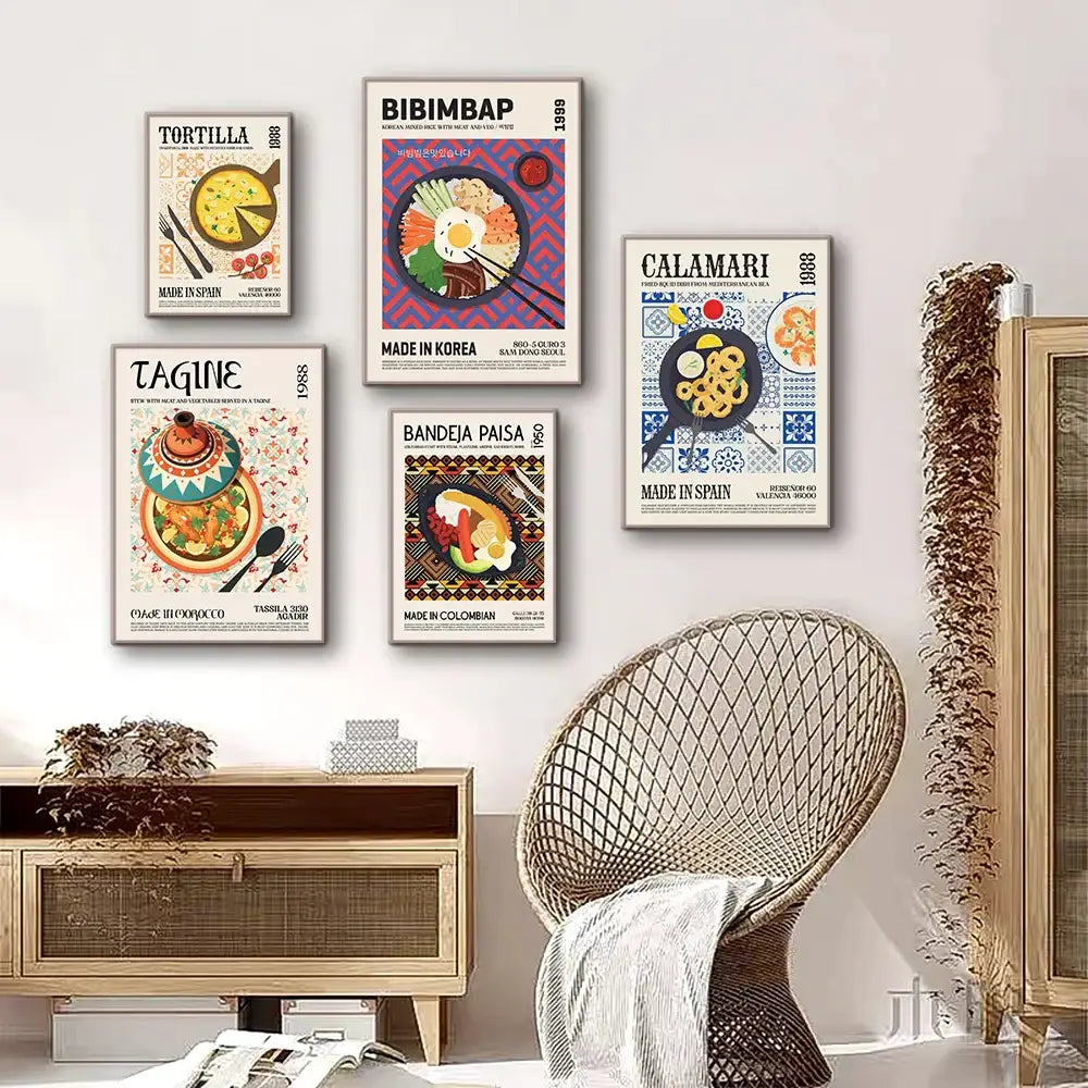 Woven wicker egg-shaped chair with textured gray throw in DecorBites™ world cuisine canvas print home decor