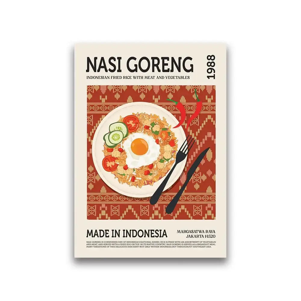 A vintage style DecorBites™ canvas wall art featuring delicious world cuisine nasi goreng with egg and garnishes