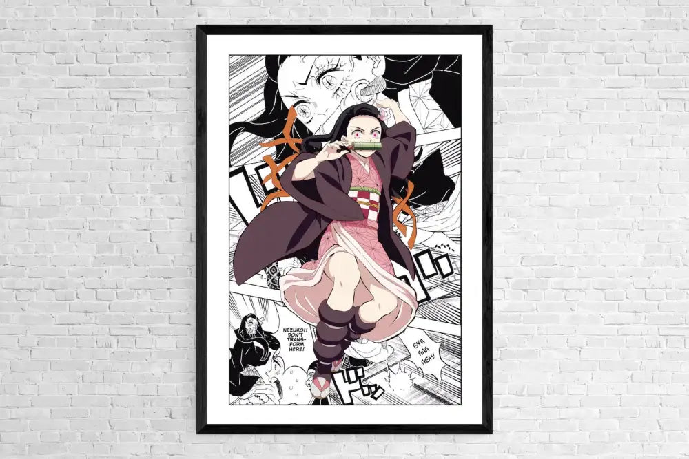 Black-framed demon slayer canvas poster featuring vibrant pink accents and traditional japanese attire for home decor