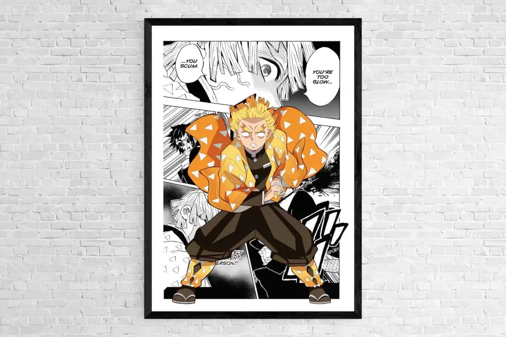 Black-framed decorbites demon slayer canvas poster featuring anime character in vibrant jacket for home decor