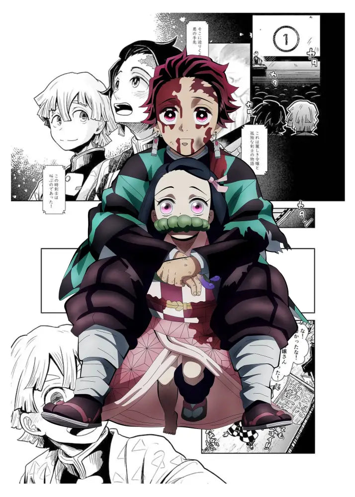 A demon slayer canvas poster featuring a red-haired character with bloodstains for home decor by DecorBites™