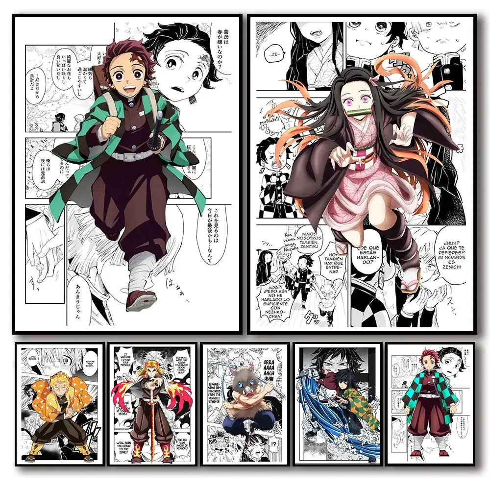 Set of framed demon slayer canvas posters with vibrant illustrations for unique home decor by decorbites™