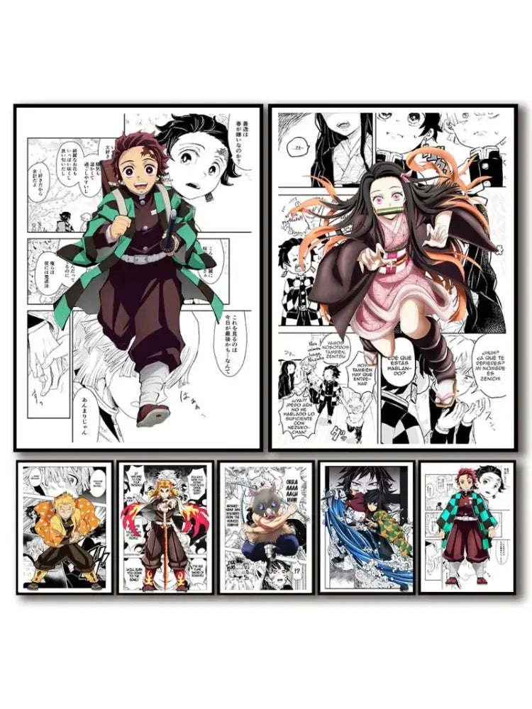 Set of six framed demon slayer canvas posters with distinct artwork perfect for home decor by decorbites