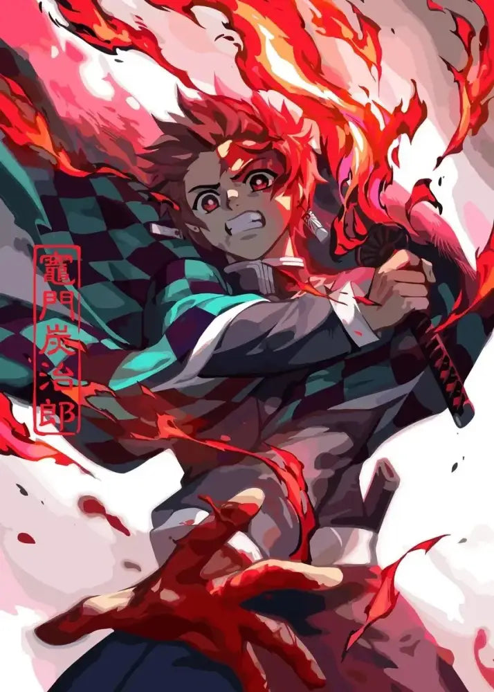 A dynamic rengoku art poster canvas featuring a young man with fiery red hair wielding a sword amid flames for home decor