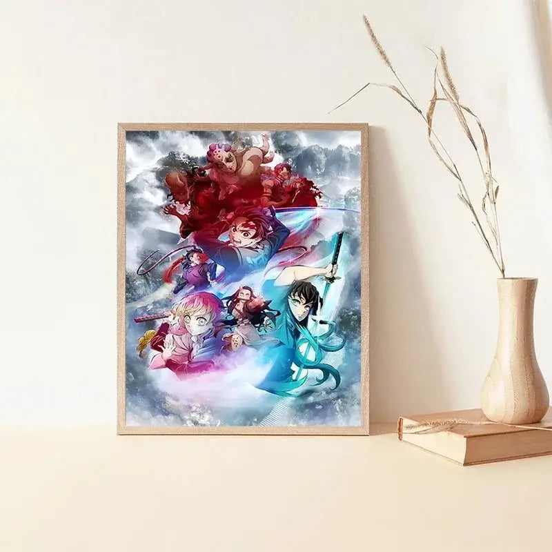 A framed rengoku art poster featuring vibrant anime characters in dynamic poses against a stormy backdrop in a light wood frame