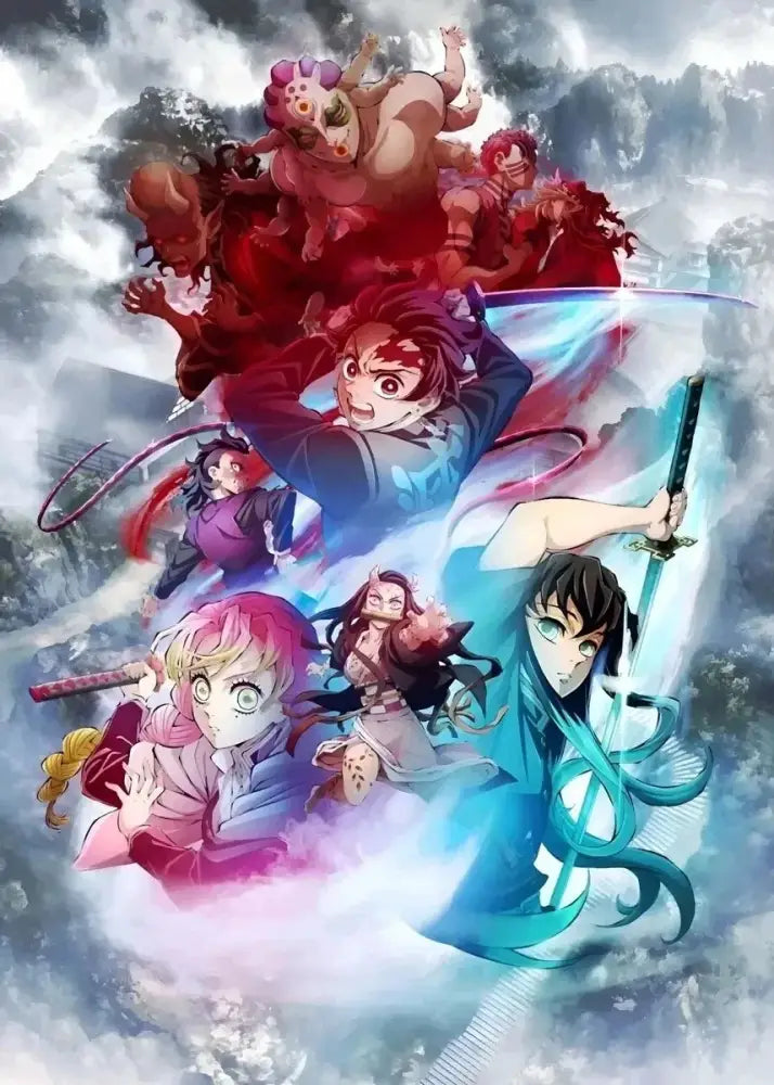 Vibrant rengoku art poster canvas featuring colorful demon slayer characters in dynamic poses against a stormy mountain backdrop
