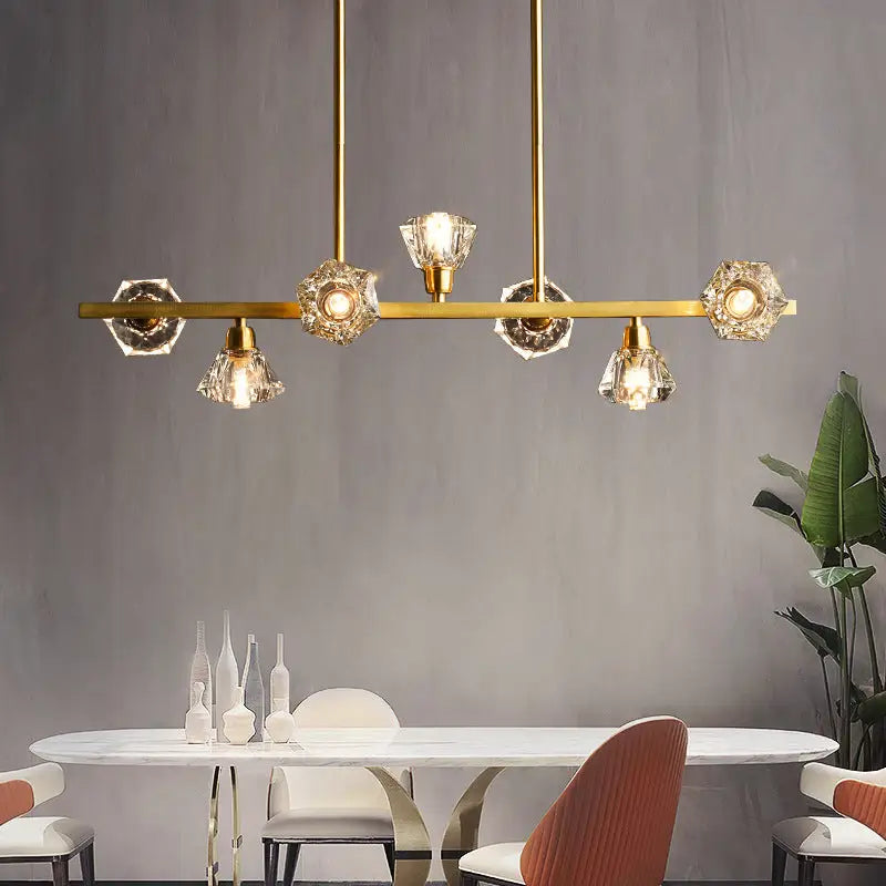 DecorBites™ Diamond Crystal Brass Pendant with 7 Lights - Linear Restaurant Island Lamp