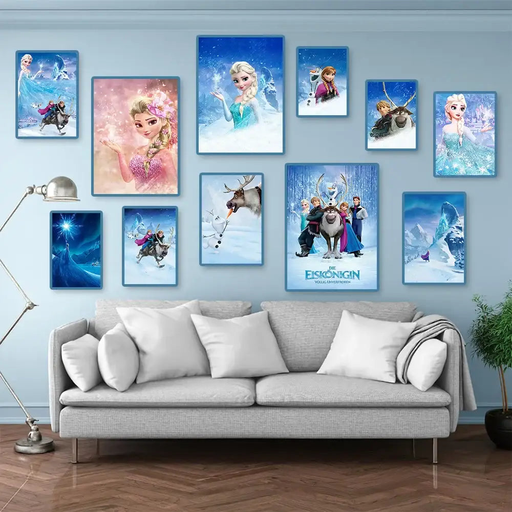 A collection of DecorBites™ Disney Frozen canvas art featuring Elsa, Anna, Olaf, and Sven in icy blue and pink tones