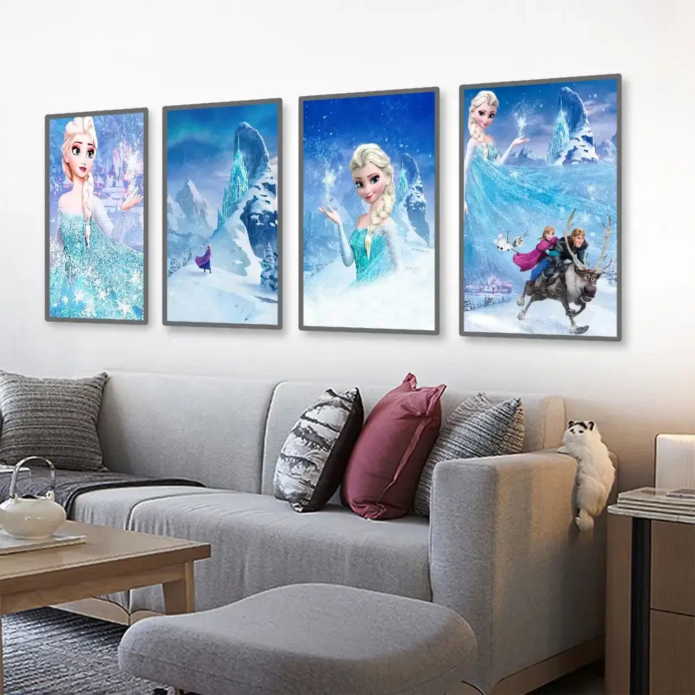 Four framed disney frozen elsa canvas art with vibrant blue and teal icy scenes in dark gray frames by decorbites